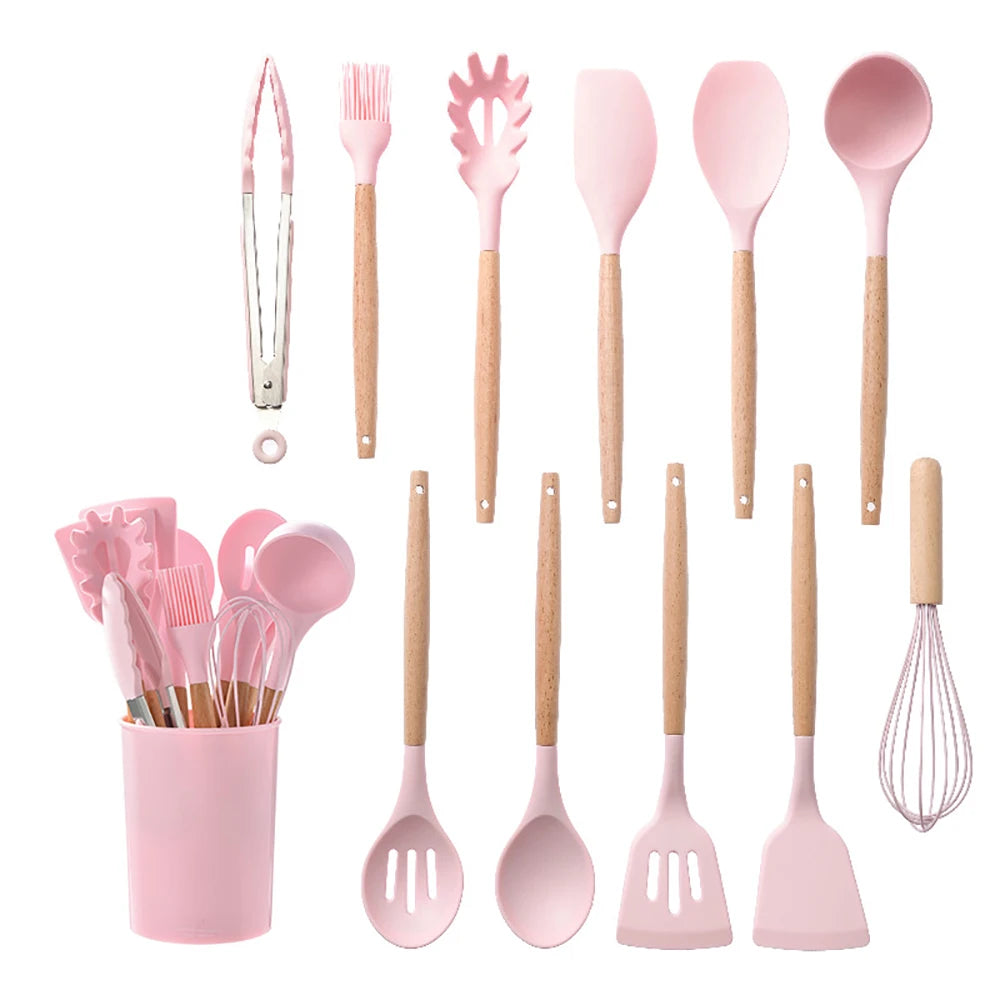 Silicone Kitchen Utensils Set with Wooden Handle