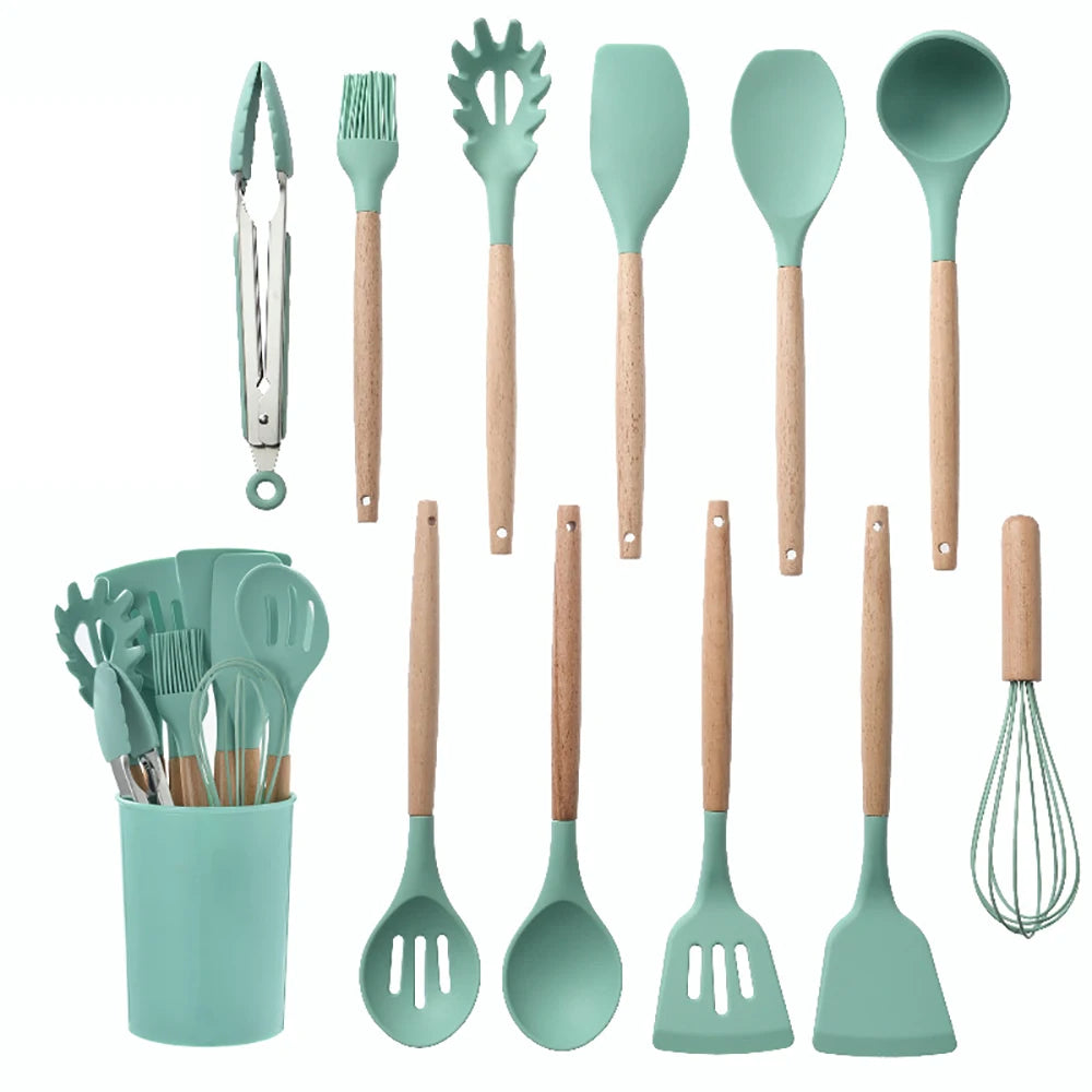Silicone Kitchen Utensils Set with Wooden Handle