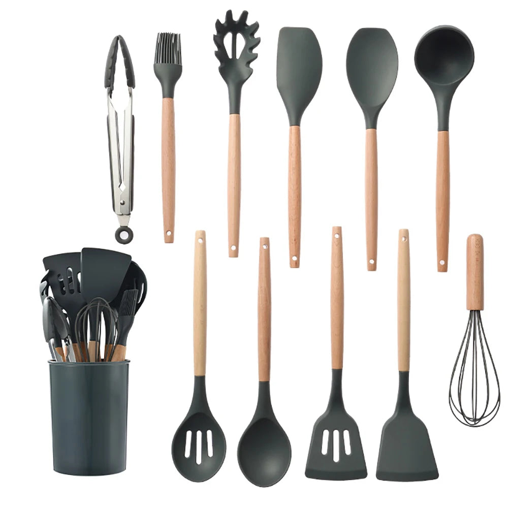 Silicone Kitchen Utensils Set with Wooden Handle