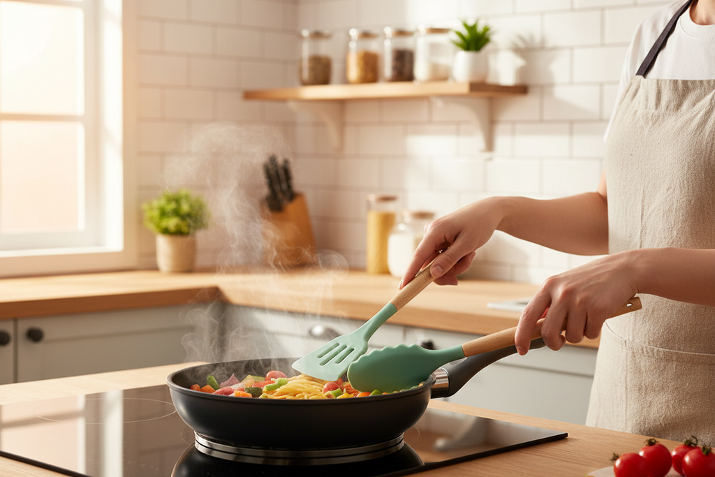 Person cooking with silicone spatula