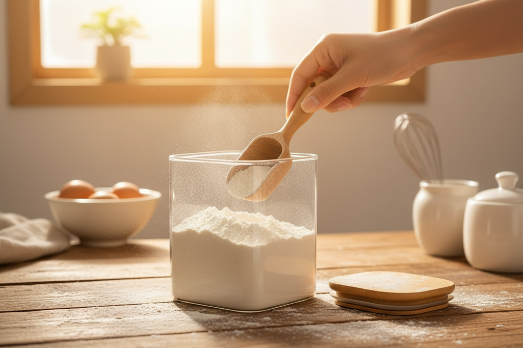 Hand scooping flour from open square glass jar with bamboo lid during home baking