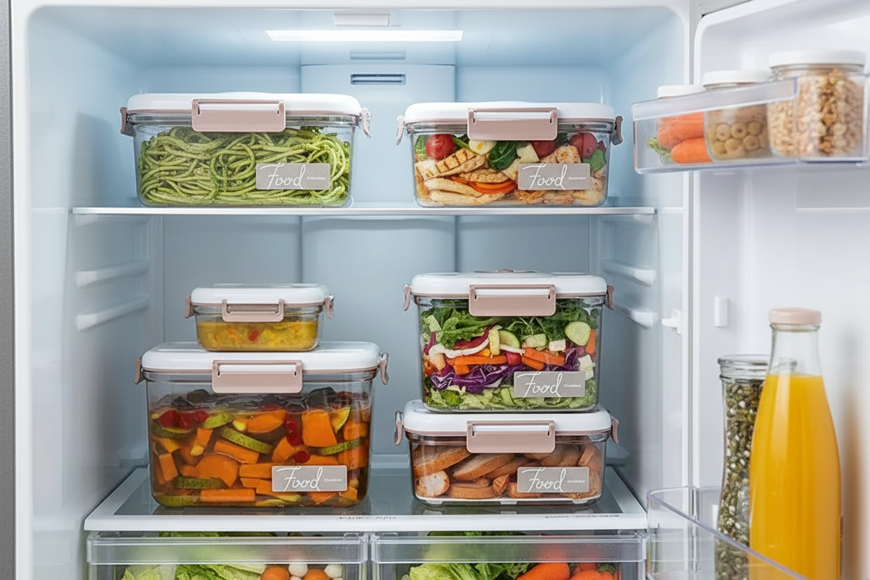 Organized fridge with stacked clear vacuum storage containers filled with colorful food