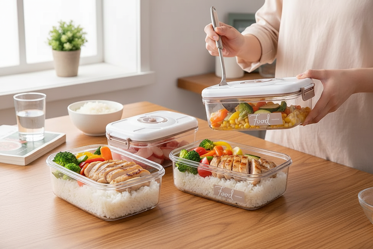 Person meal prepping with multiple vacuum storage containers filled with rice, chicken and vegetables