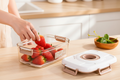 Person placing fresh strawberries into a clear vacuum storage container