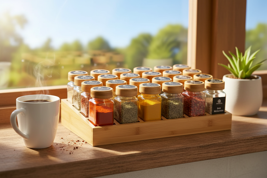 Bamboo spice rack with glass jars on kitchen windowsill in morning light