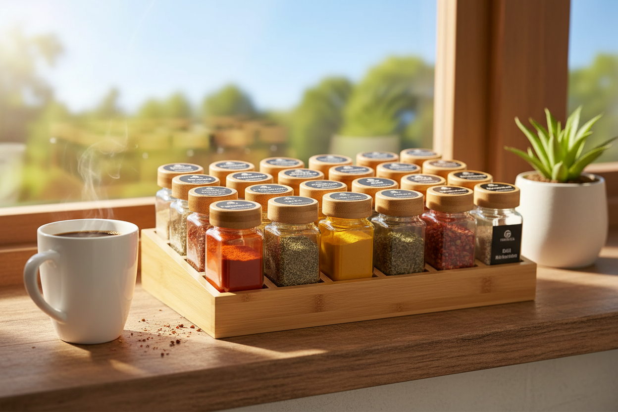 Bamboo spice rack with glass jars on kitchen windowsill in morning light
