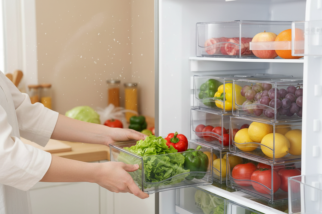 Person loading fresh groceries into transparent fridge organizer bin inside open fridge