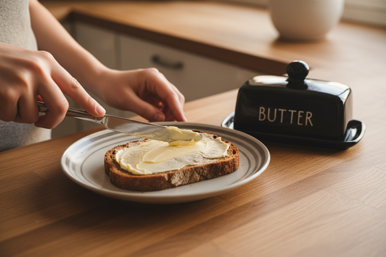 Person spreading butter on warm toast with stainless steel knife, butter dish open on wooden counter