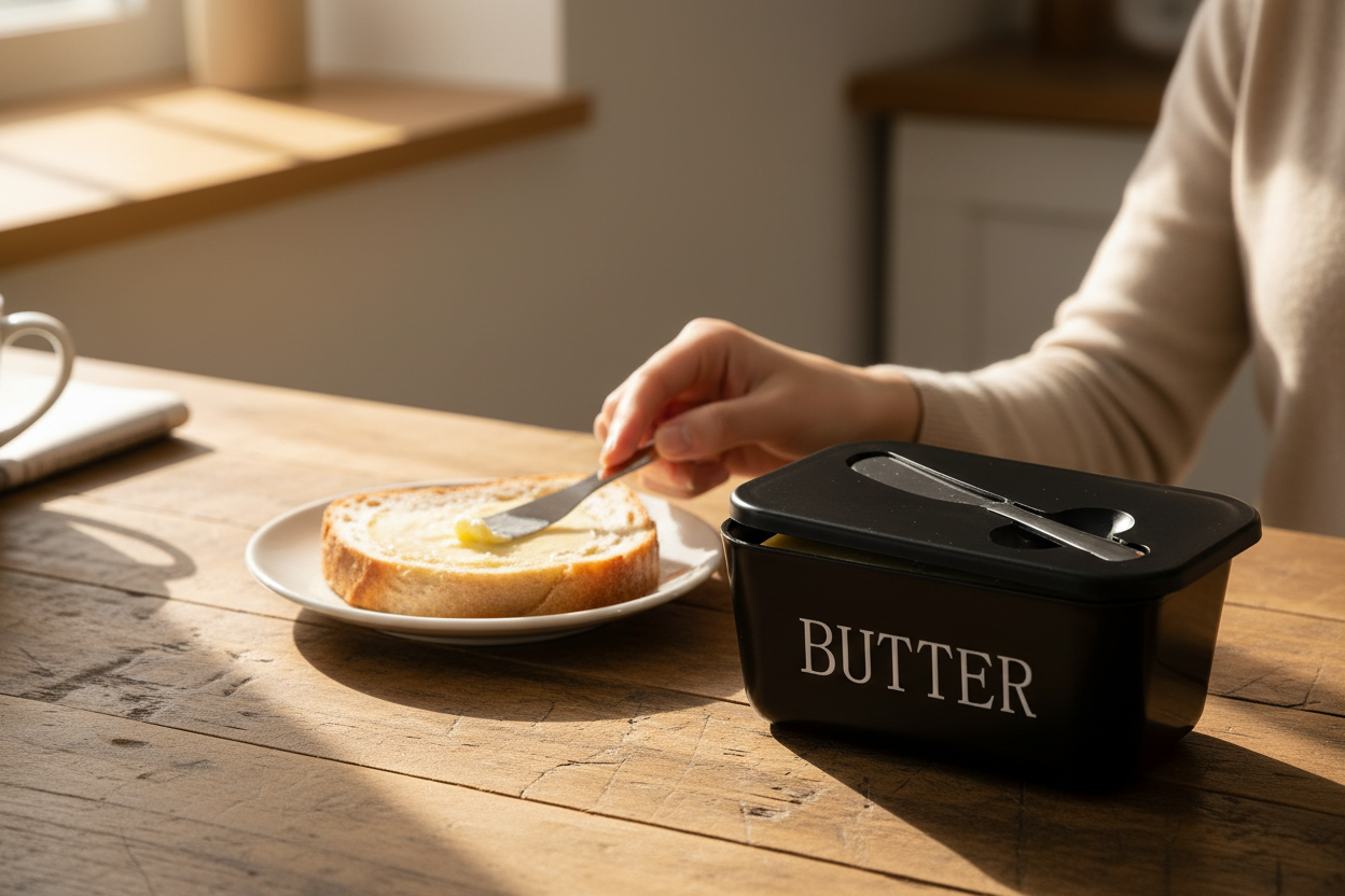 Elegant butter dish with stainless steel knife on wooden breakfast table next to sourdough bread