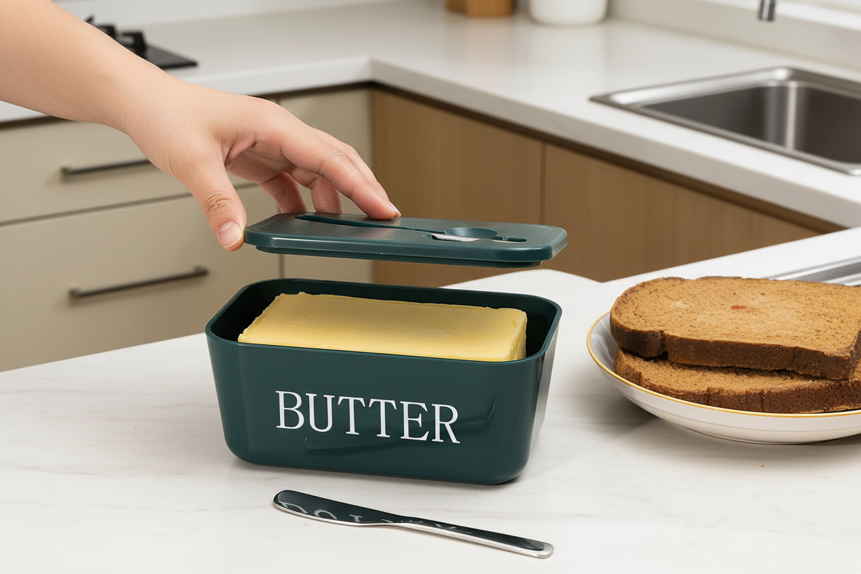 Hand opening airtight butter dish with stainless steel knife on marble countertop