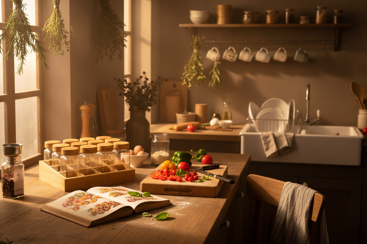 Lived-in kitchen with bamboo spice rack, herbs, cookbook and fresh vegetables in golden hour light