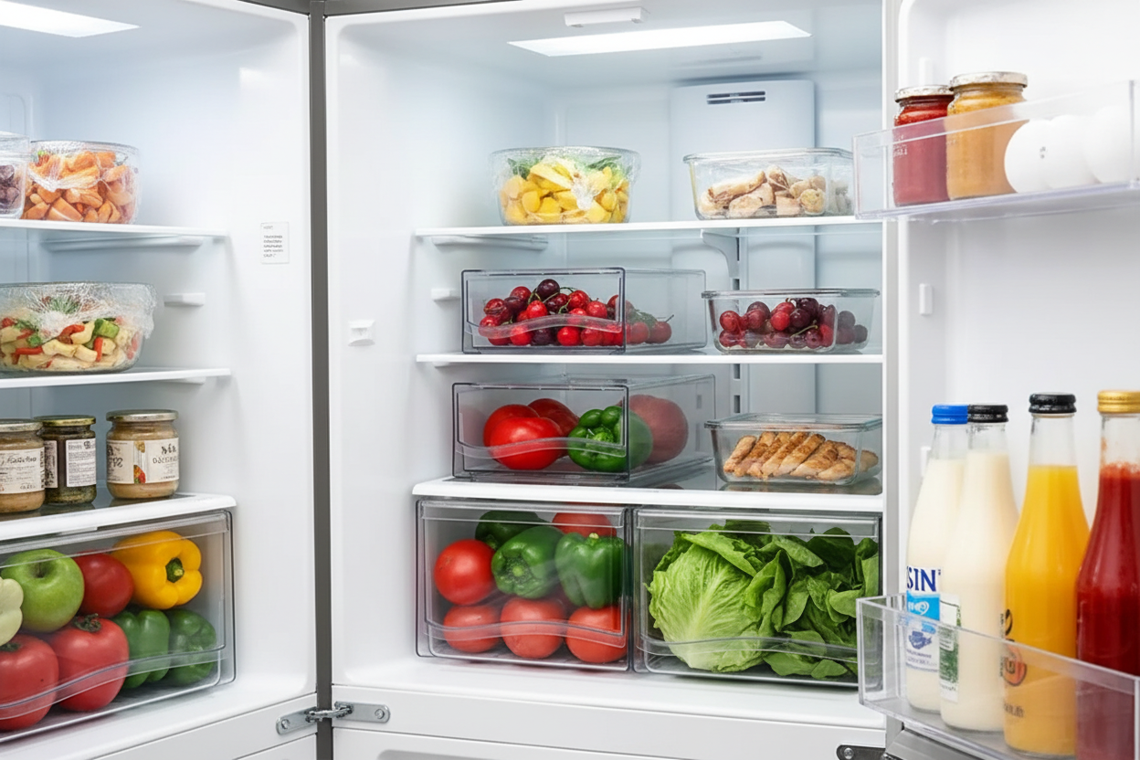Open fridge with stackable transparent organizer bins filled with fresh vegetables and fruits