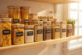 Organized pantry shelf with square glass jars with bamboo lids filled with pasta, rice and lentils
