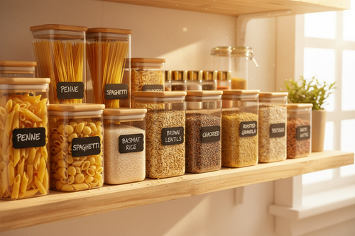 Organized pantry shelf with square glass jars with bamboo lids filled with pasta, rice and lentils