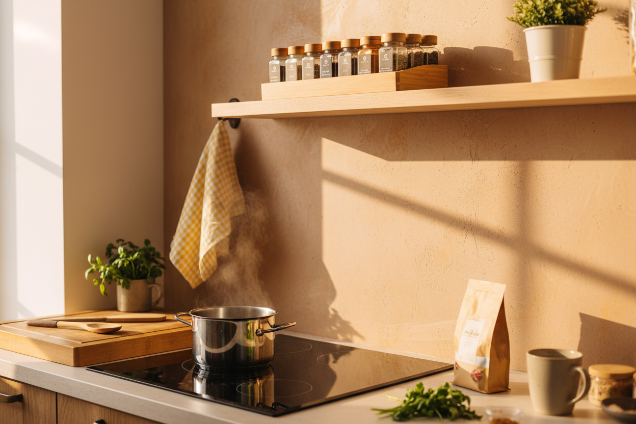 Bamboo spice rack on kitchen shelf with simmering pot and golden morning light