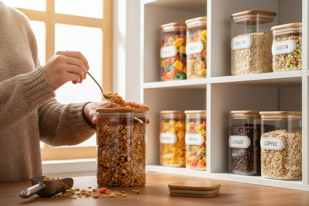 Person filling square glass jar with bamboo lid with homemade granola in bright kitchen