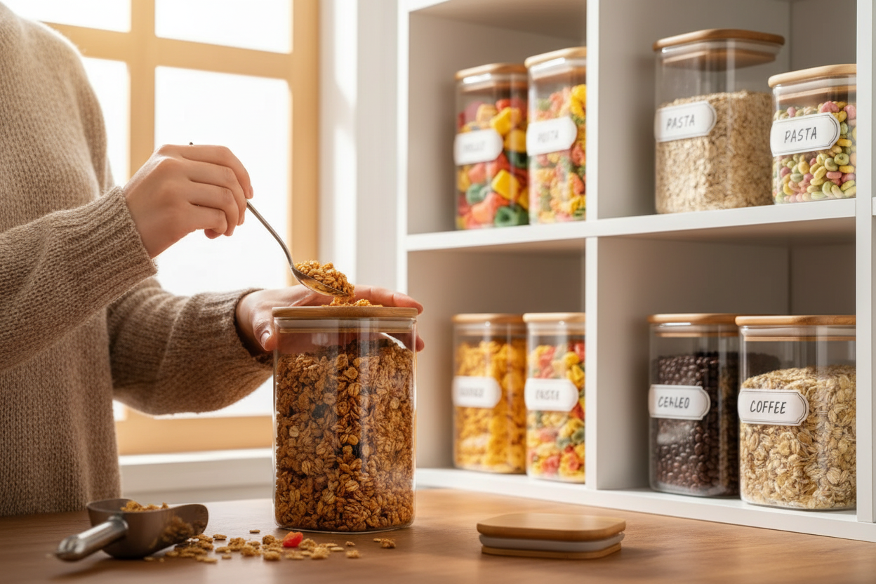 Person filling square glass jar with bamboo lid with homemade granola in bright kitchen