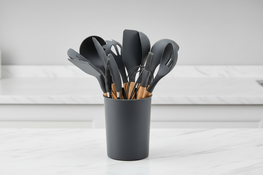 Grey silicone kitchen utensils set - marble background