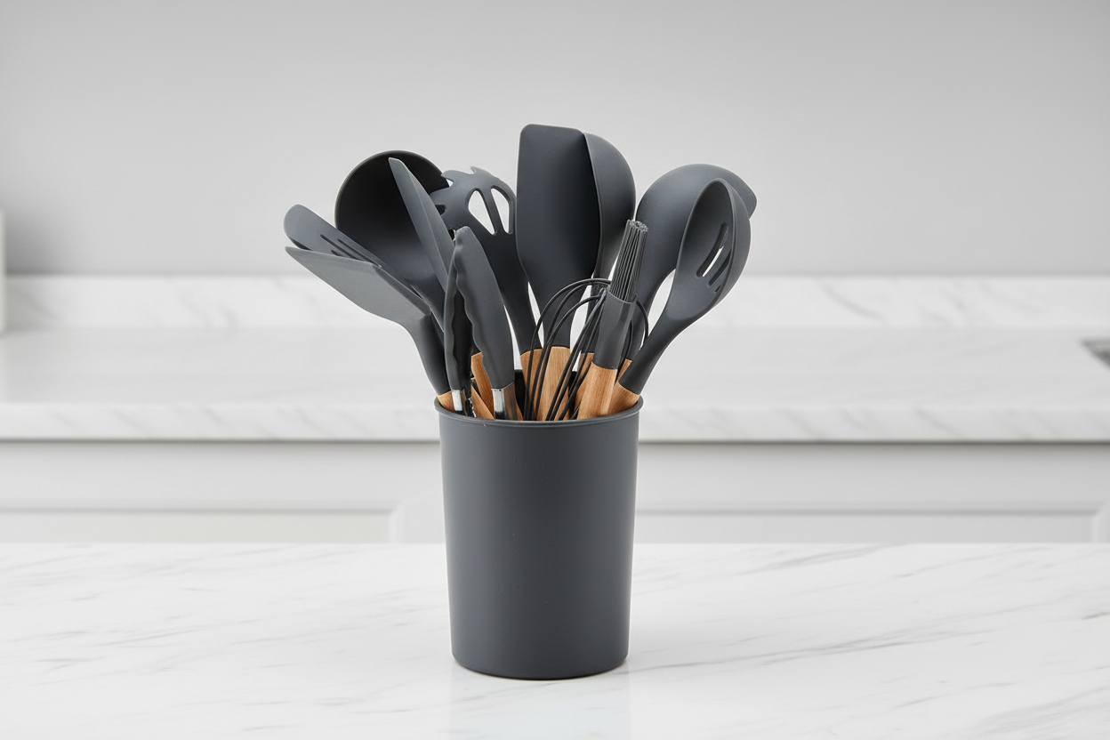Grey silicone kitchen utensils set - marble background