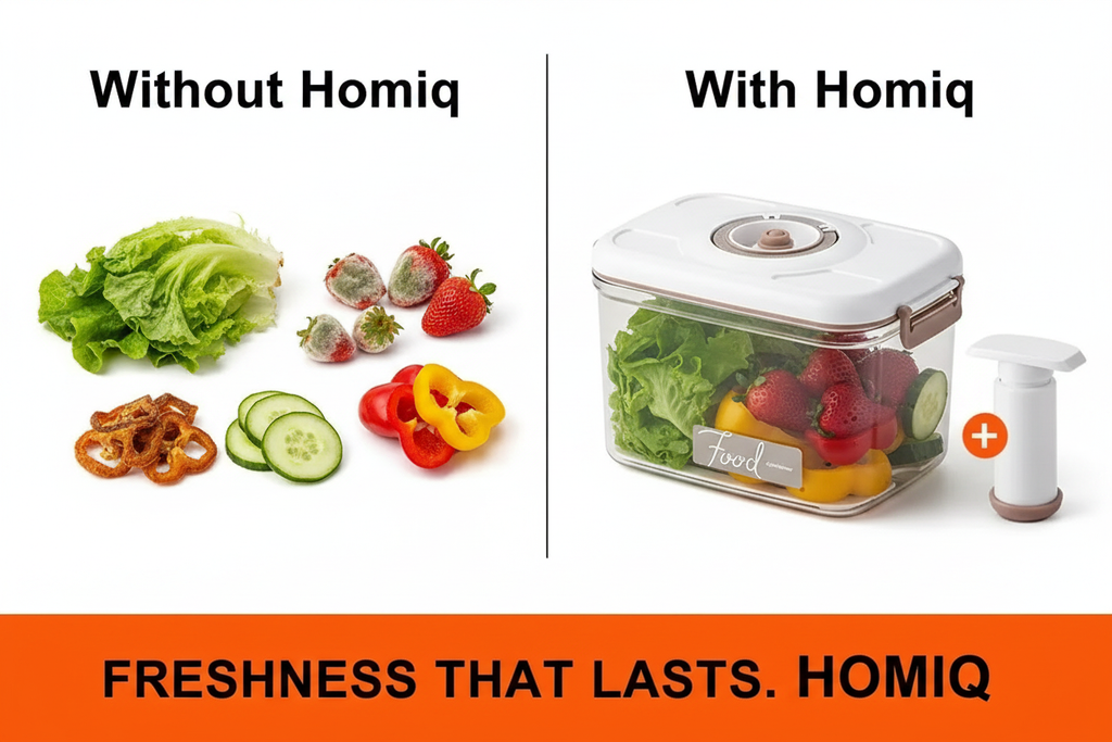 Before and after poster showing spoiled food vs fresh food preserved in Homiq vacuum container