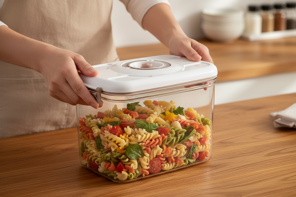 Close-up of hands sealing vacuum lid on container with leftover pasta