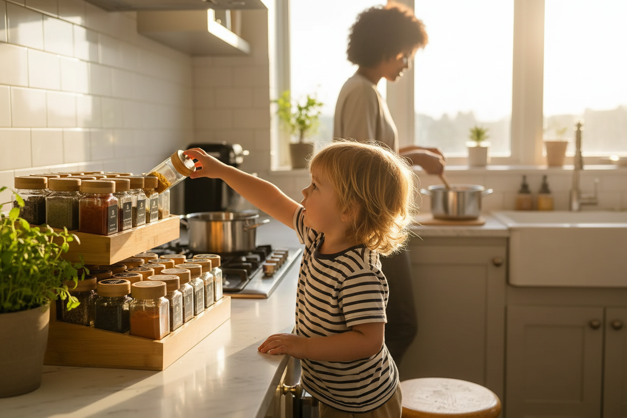 Child reaching for glass spice jar on bamboo rack while parent cooks