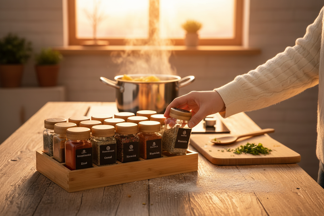 Hand grabbing spice jar from bamboo rack while pasta boils on stove