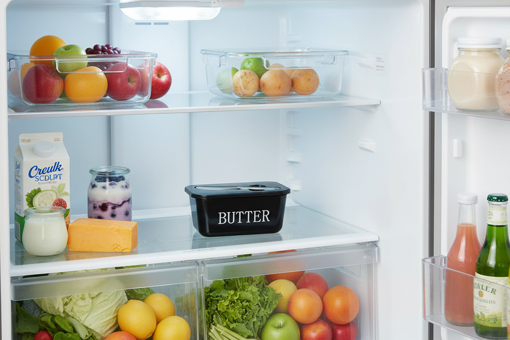 Elegant butter dish with airtight lid inside organized fridge next to fresh dairy products