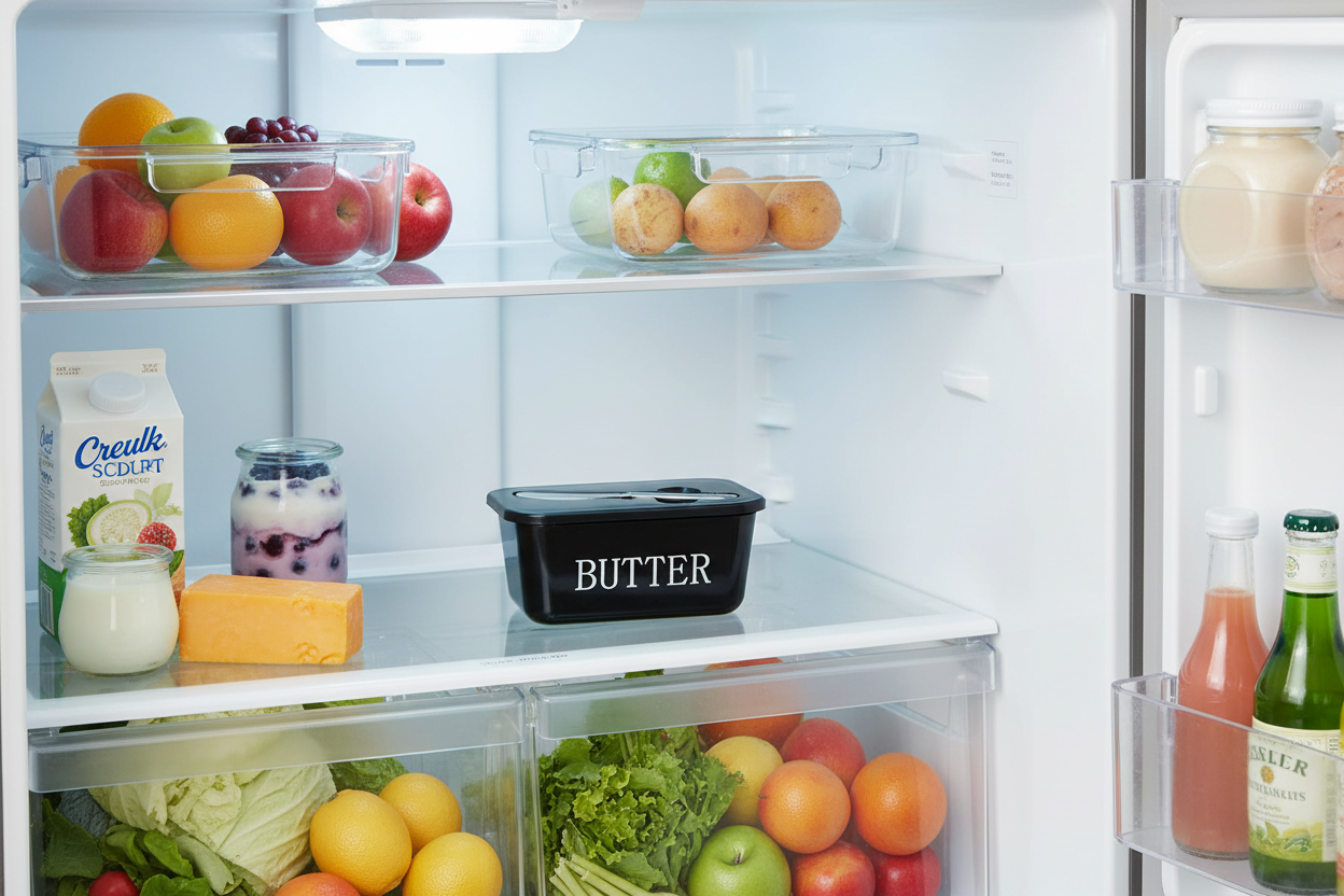 Elegant butter dish with airtight lid inside organized fridge next to fresh dairy products