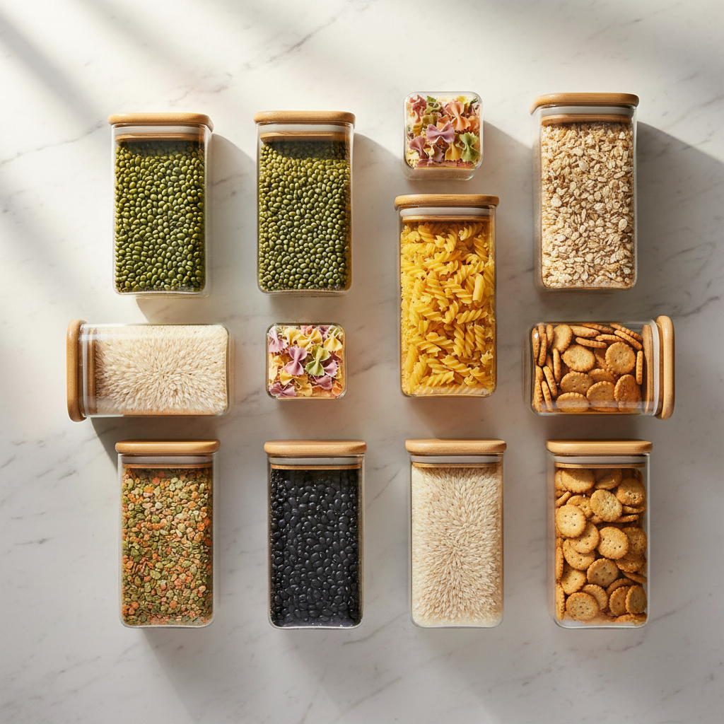 Overhead flat lay of square glass jars with bamboo lids filled with colorful dry goods on marble