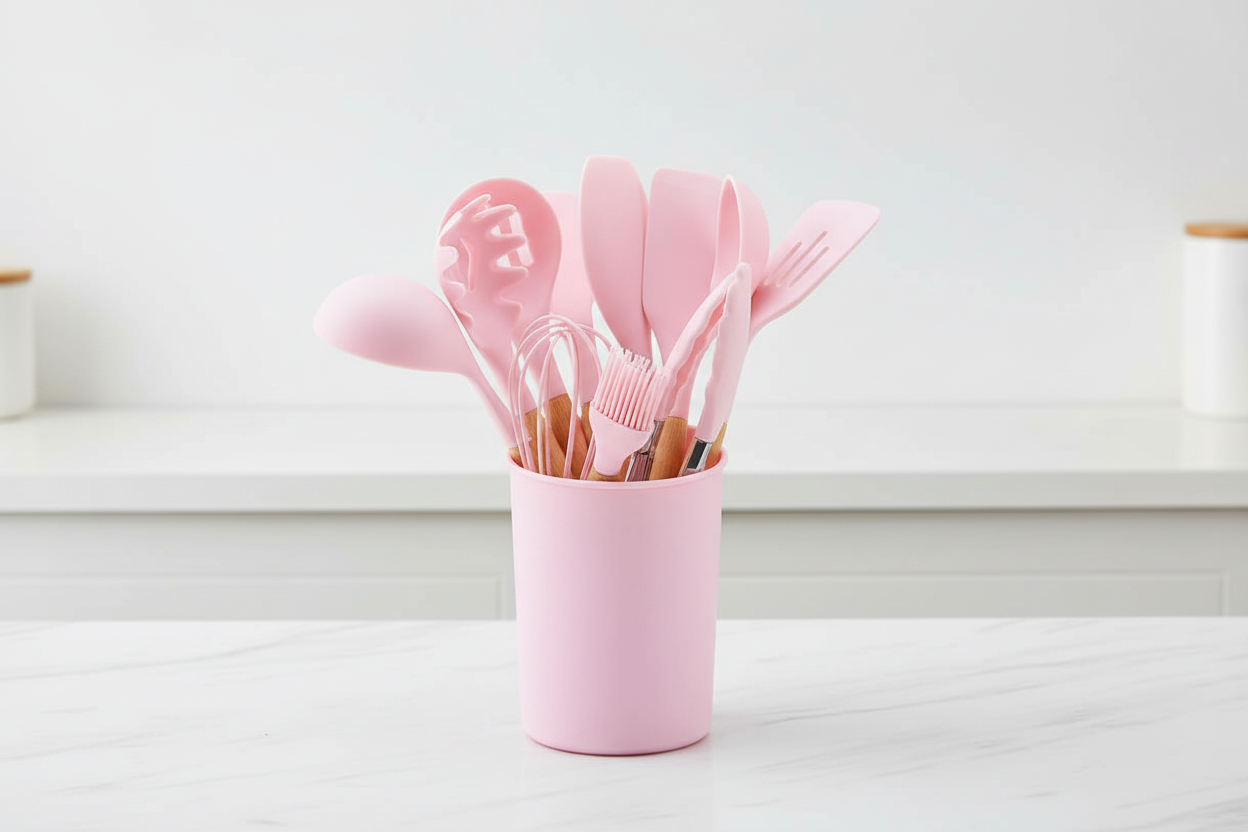 Pink silicone kitchen utensils set - marble background