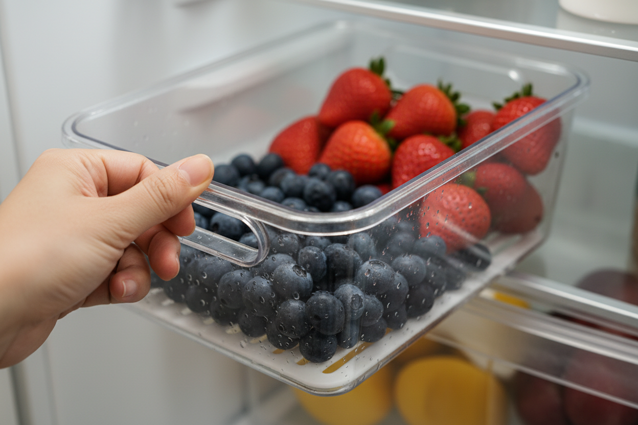 Hand pulling out transparent fridge organizer bin filled with fresh strawberries and blueberries