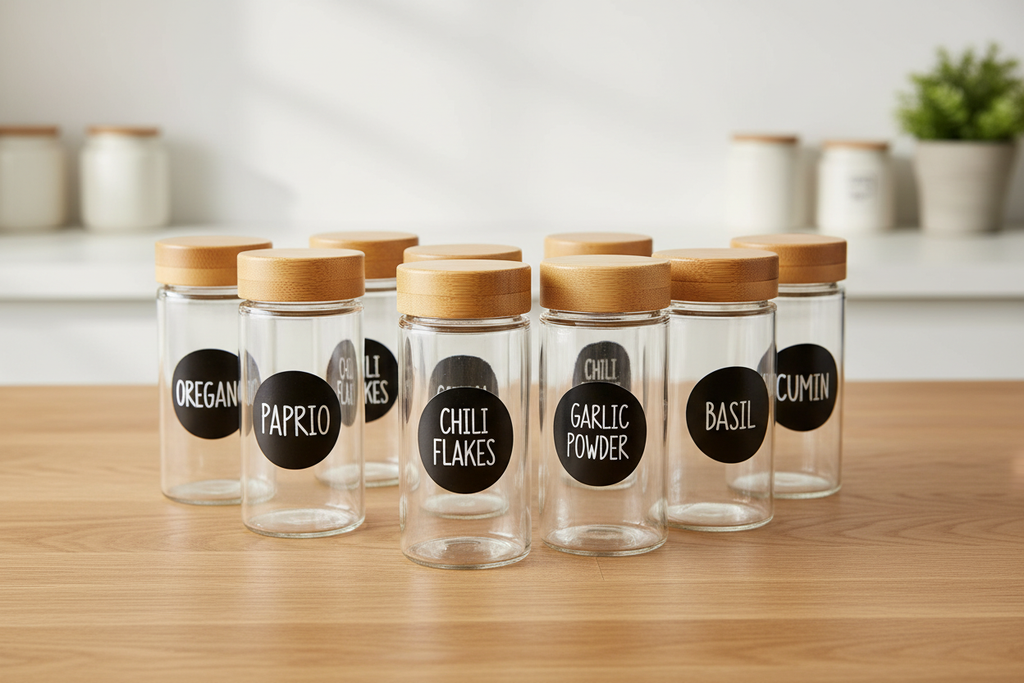 Glass spice jars with bamboo lids on wooden kitchen shelf