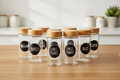 Glass spice jars with bamboo lids on wooden kitchen shelf