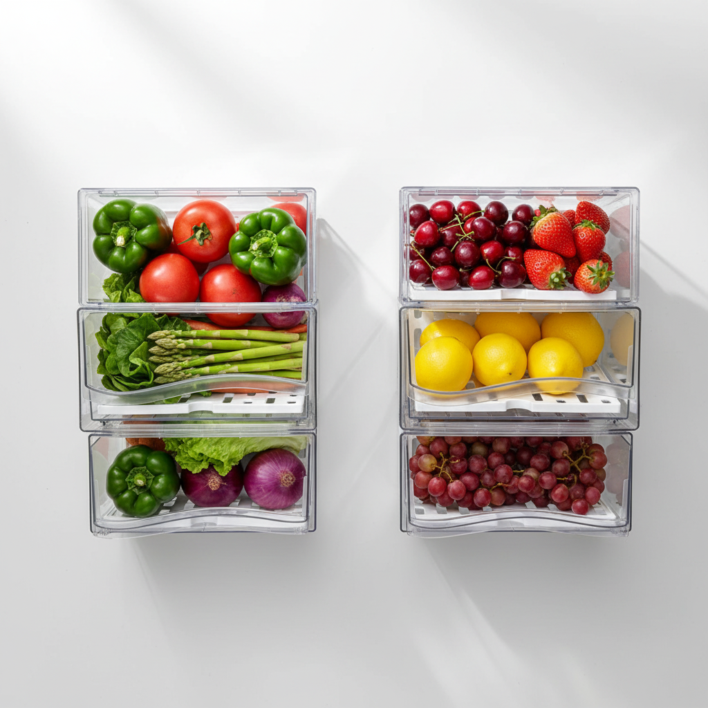 Overhead flat lay of two stackable transparent fridge organizer bins with colorful vegetables and fruits