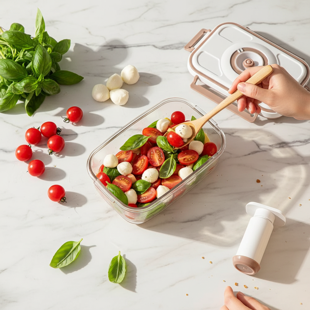 Overhead flat lay of vacuum container with fresh Mediterranean ingredients on marble countertop