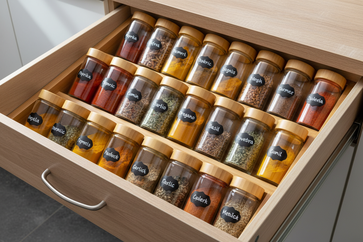Glass spice jars with bamboo lids organized in a multi-tier drawer organizer