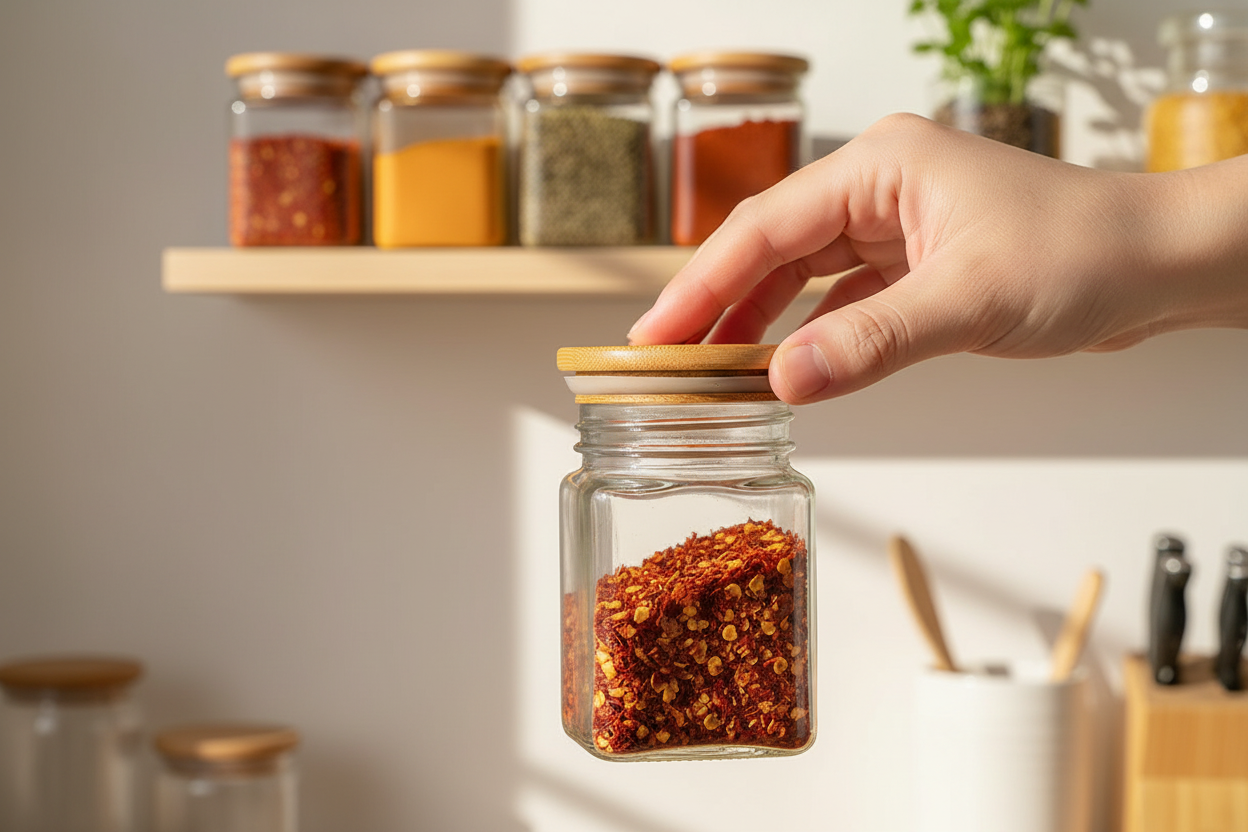 Hand placing bamboo lid on glass spice jar in kitchen