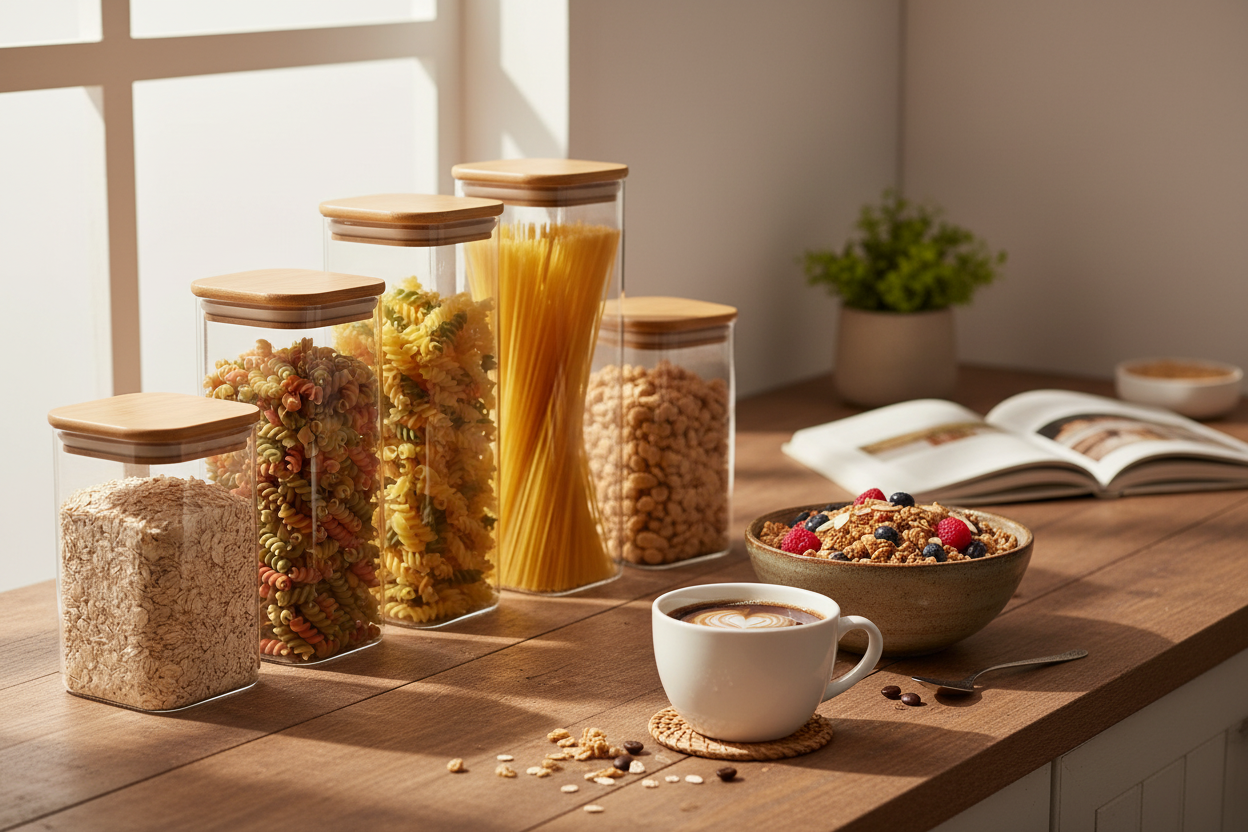 Square glass jars with bamboo lids on kitchen counter next to granola bowl and coffee on Sunday morning
