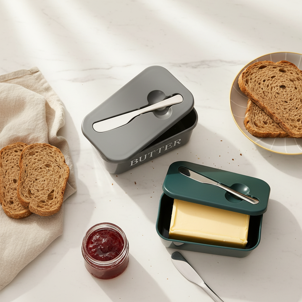 Overhead flat lay of butter dish with knife, fresh bread, jam and linen napkin on marble