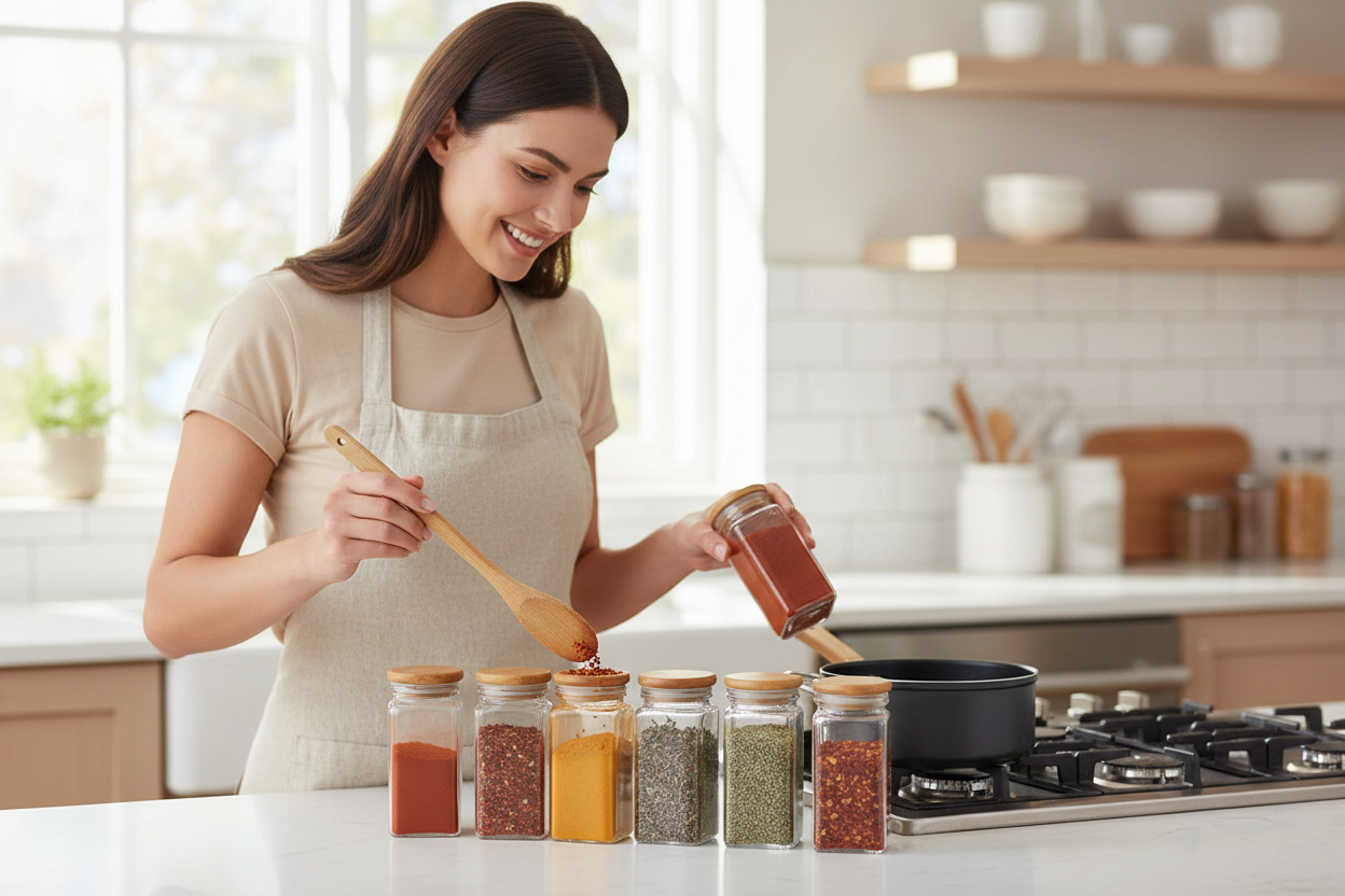 Smiling woman cooking with open glass spice jars on kitchen countertop