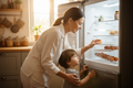 Mamma e bimbo che prendono un uovo dal frigo