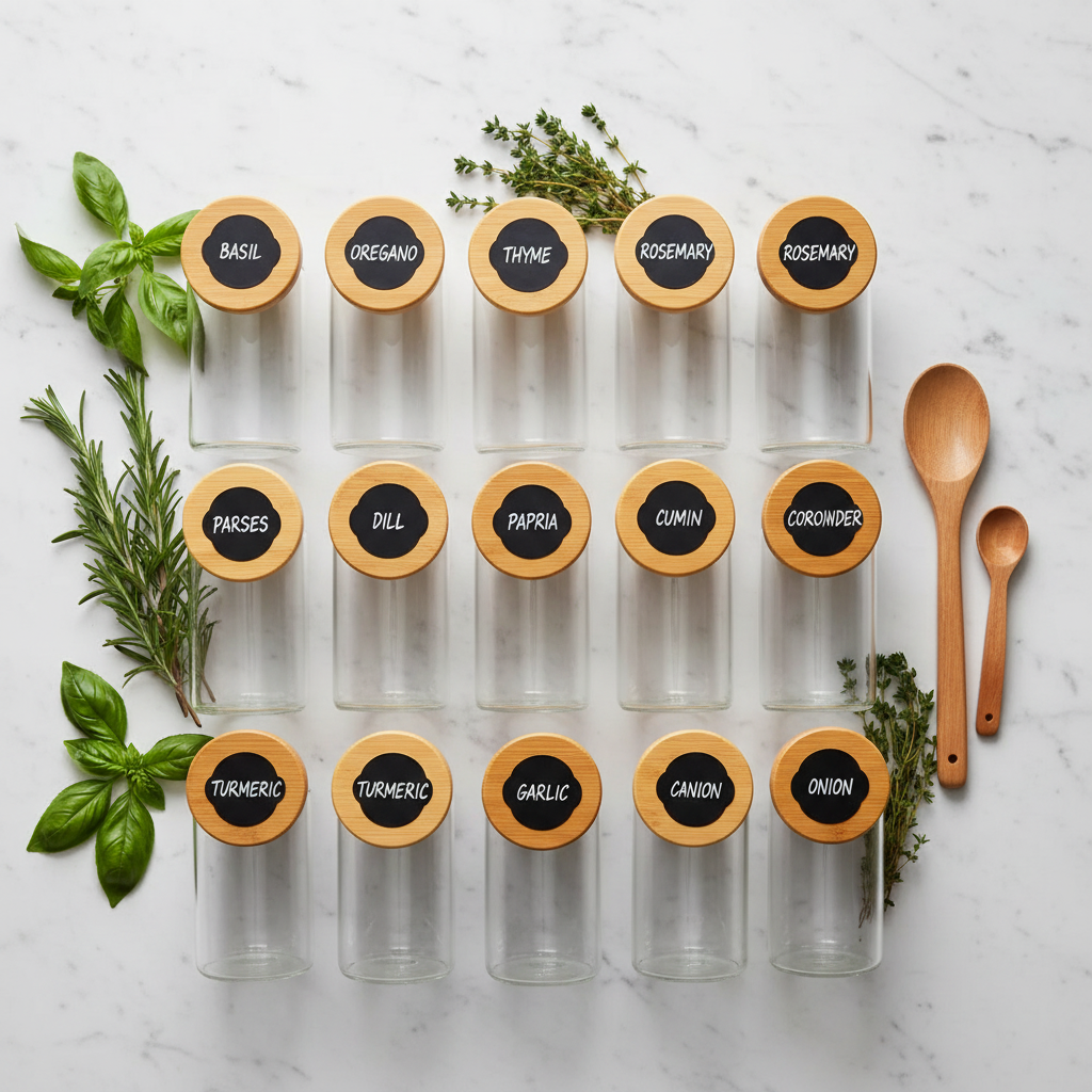 Flat lay of glass spice jars with bamboo lids on marble surface