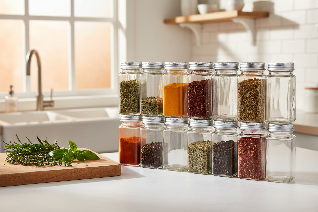 Glass spice jars with bamboo lids next to cutting board and fresh herbs