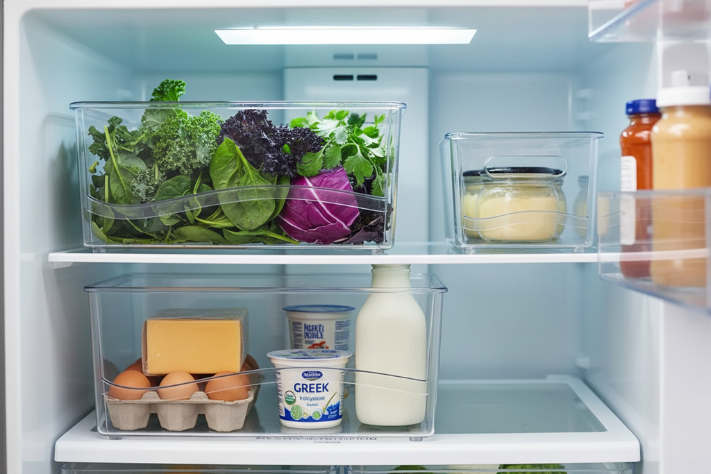 Side view of two transparent fridge organizer bins stacked inside fridge with greens and dairy
