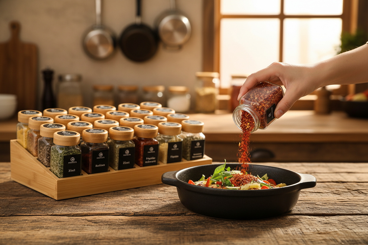 Sprinkling spice from glass jar onto dish being prepared in kitchen