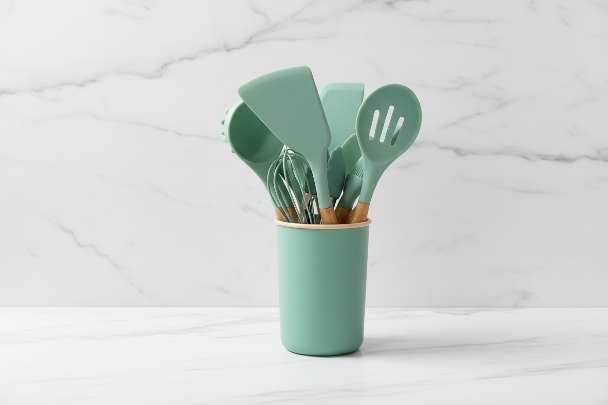 Green silicone kitchen utensils set - marble background